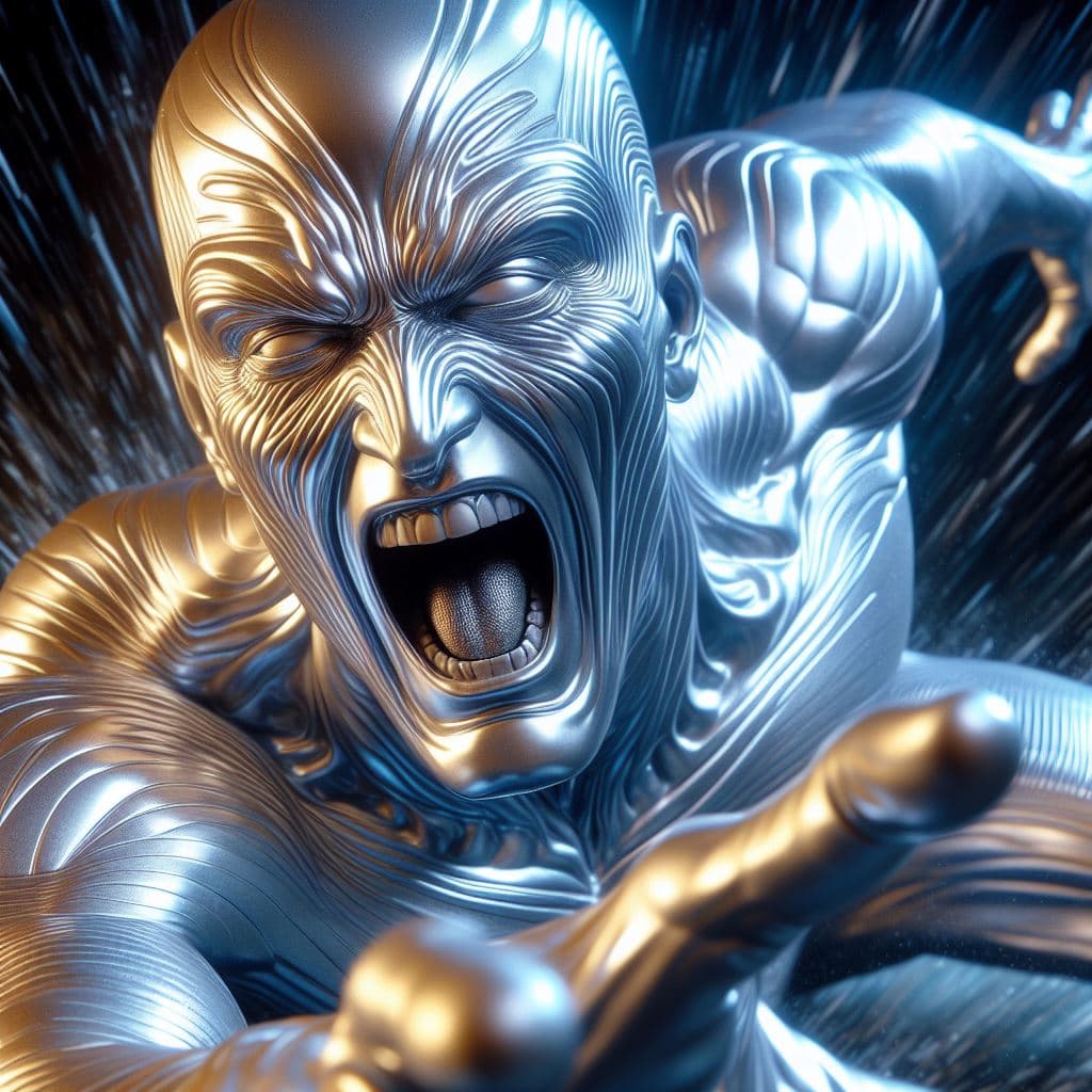 AI generated: close up of Silver Surfer of Marvel screaming, in a fit of rage, Masterpiece, gigantic scale, ascii-...