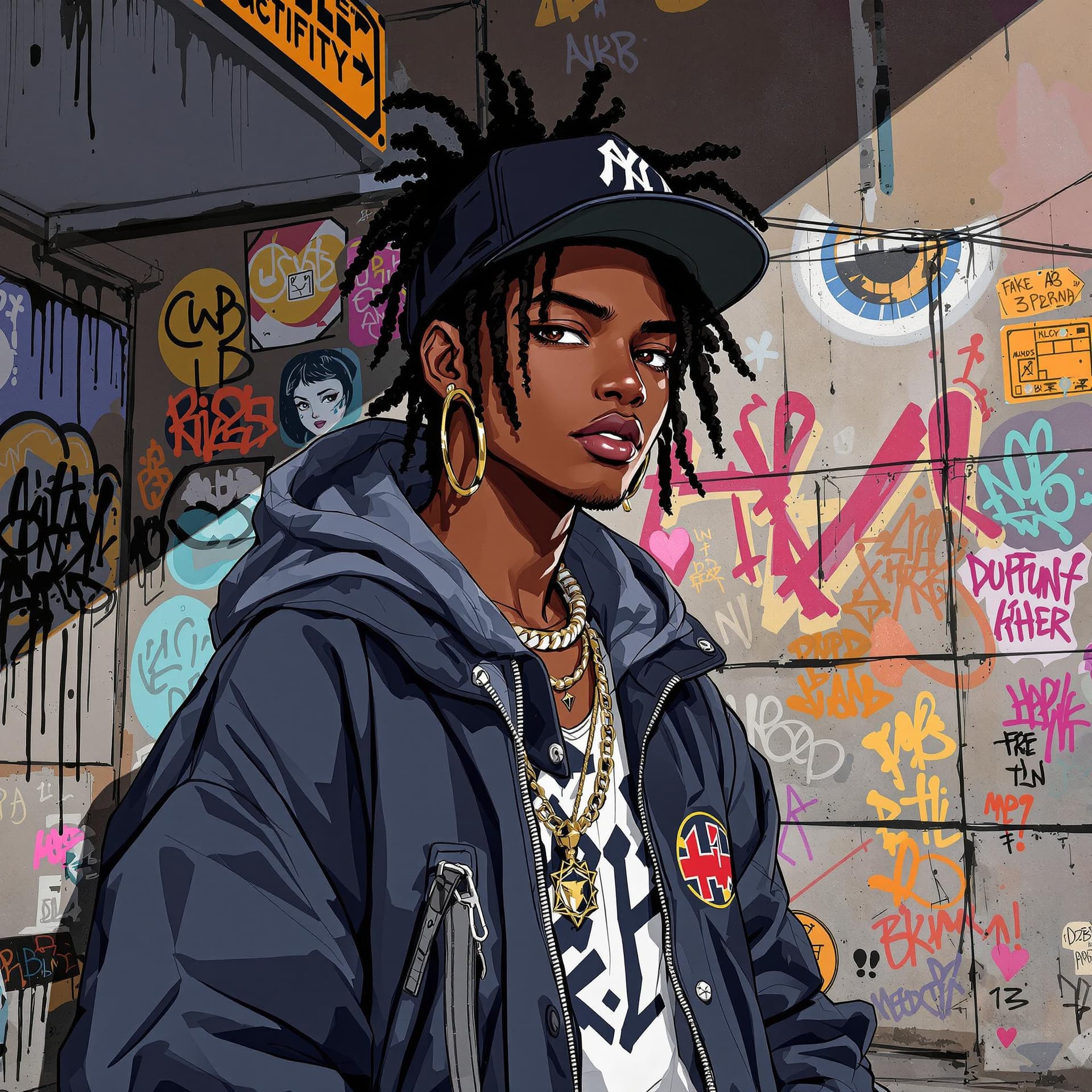 AI generated: anime illustration of an african american hip hop graffiti character 
with urban fashion and graffit...