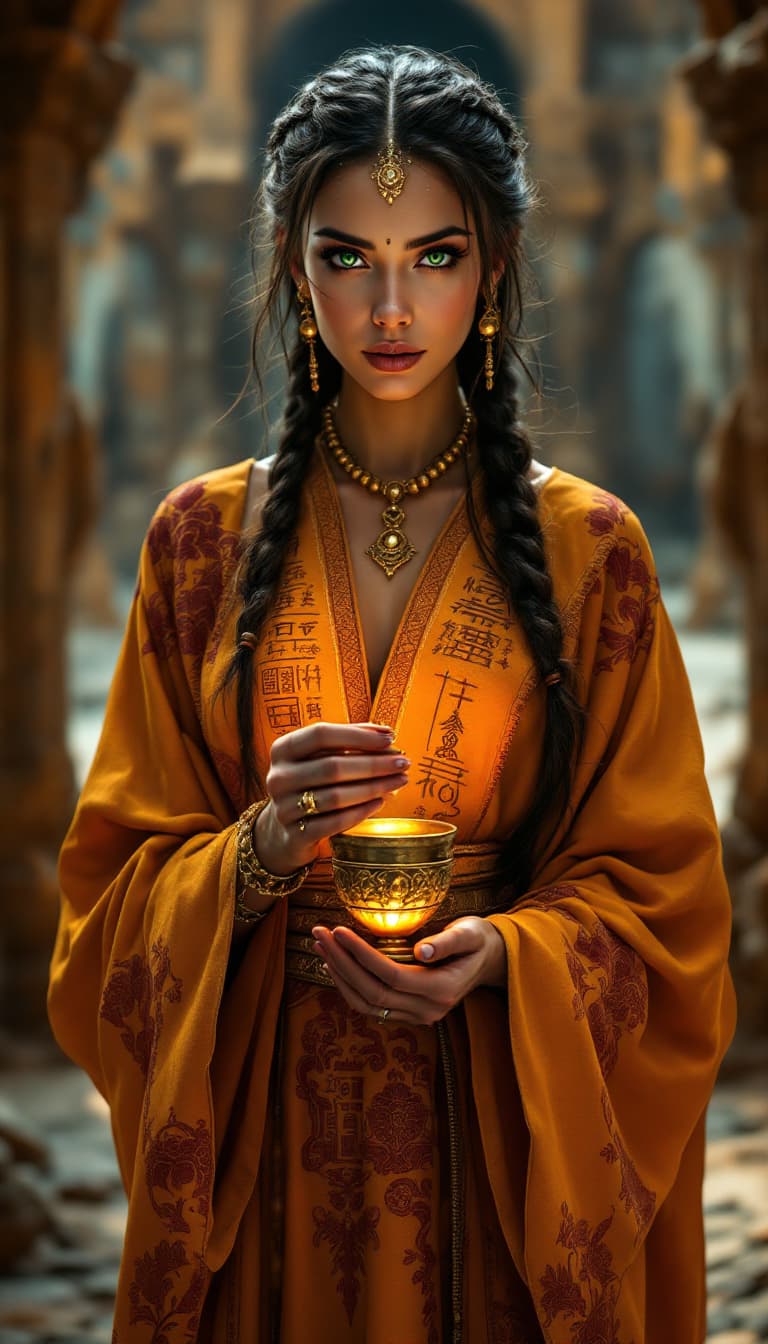 AI generated: An ultra-realistic, full-body portrait of a mysterious priestess, emanating ancient wisdom and spiri...