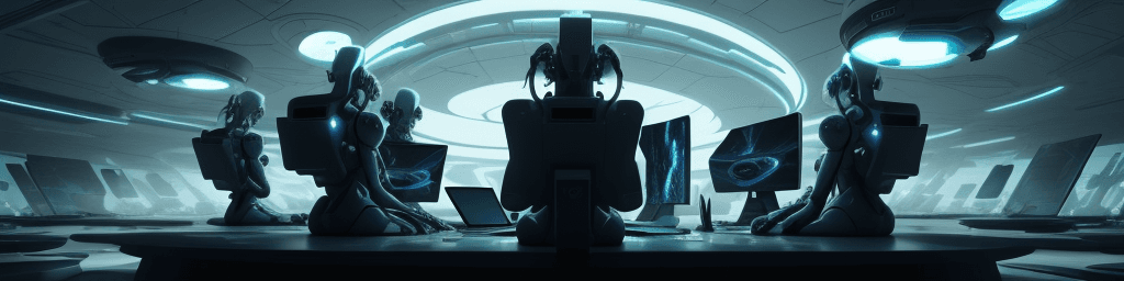 AI generated: a futuristic art colony, utopia, artists painting on giant laptops, dramatic cinematic lighting, 4k,...