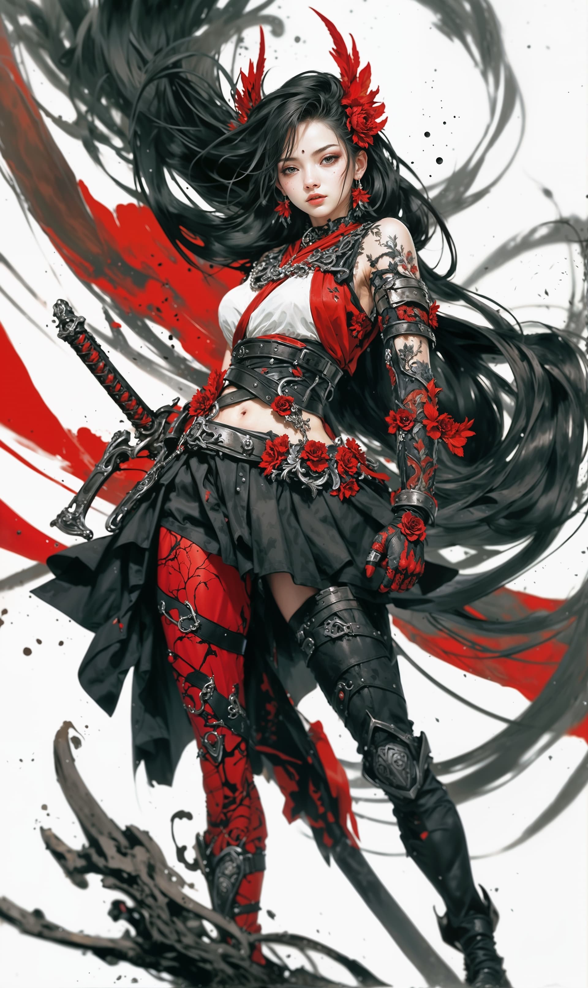 AI generated: 1 woman, weapon, long hair, black hair, white background, solo, looking at viewer, black eyes, tabi,...