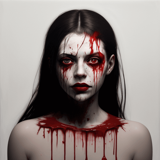 AI generated: a painting of a woman with blood dripping all over her face,headshot, a photorealistic painting by G...