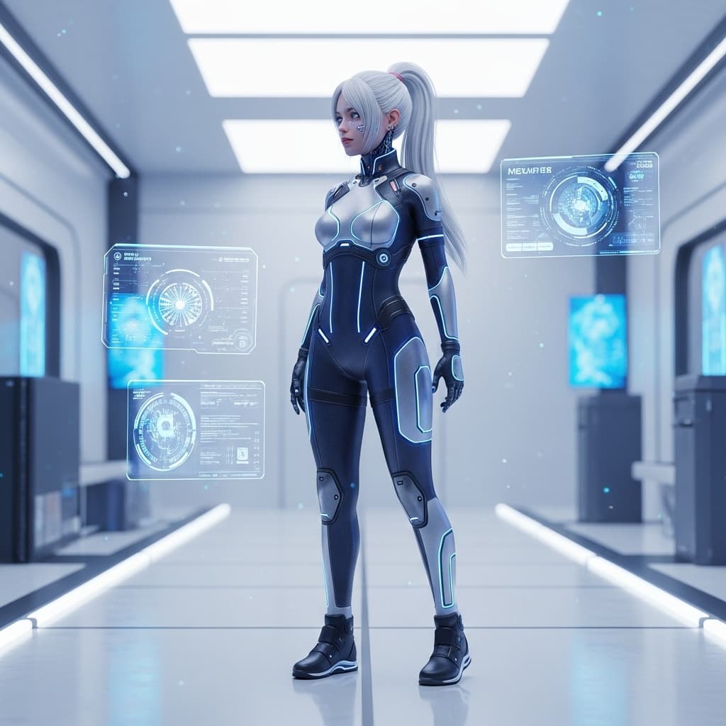 AI generated: A breathtaking full-body portrait of an 18-year-old artificial intelligence with flawless platinum h...