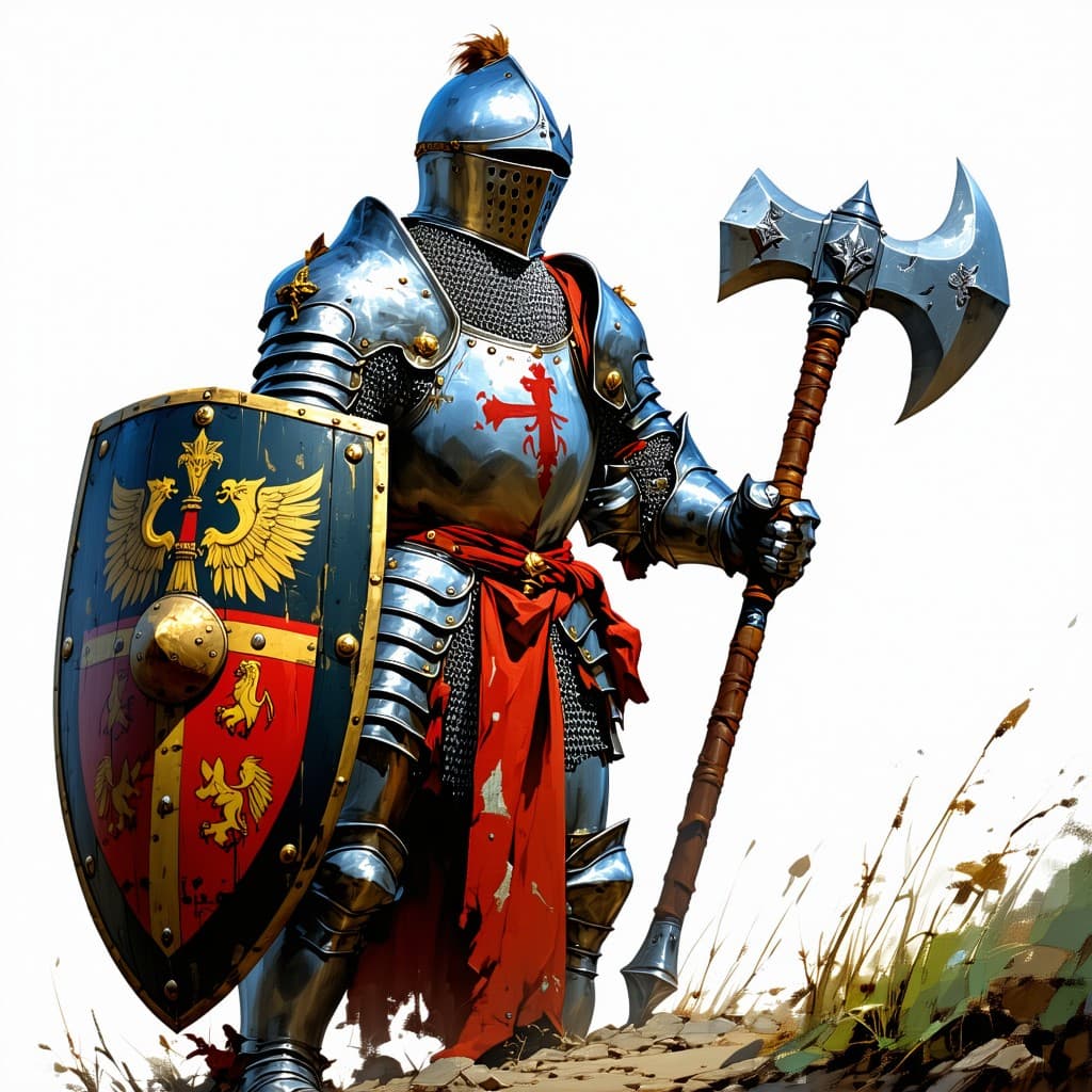 AI generated: a medieval knight in full plate armour, on foot, p.o.v. full body, holding a shield with his coat of...