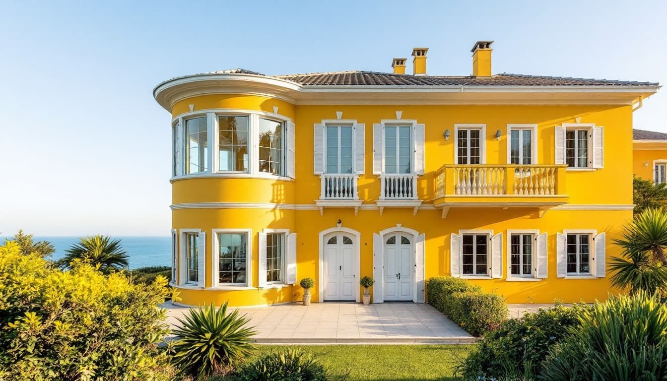 AI generated: two floor yellow classical house with an oval corner on one side with 
 big windows from ceiling to ...