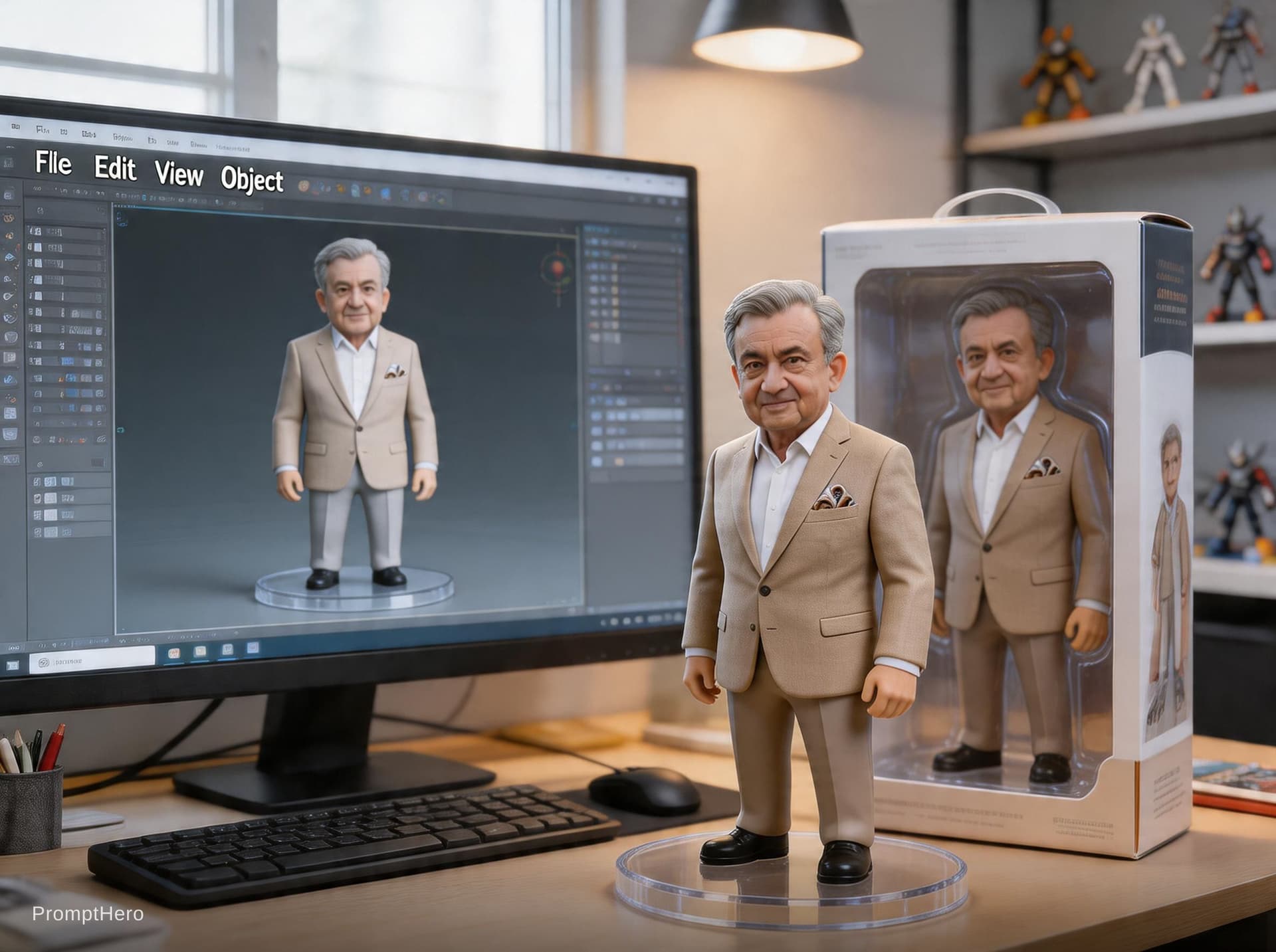 AI generated: Transforming the photographed person into a realistic 3D figurine in front of a computer desk. The c...