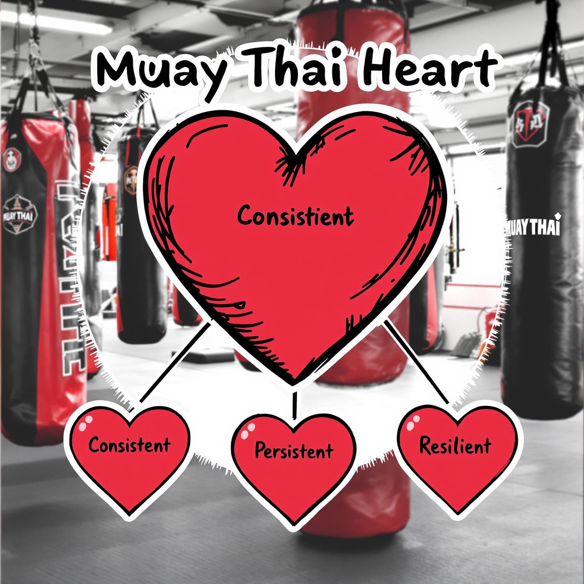 AI generated: An illustration of a heart with the text "Muay Thai Heart" above it. Below the heart, there are thre...