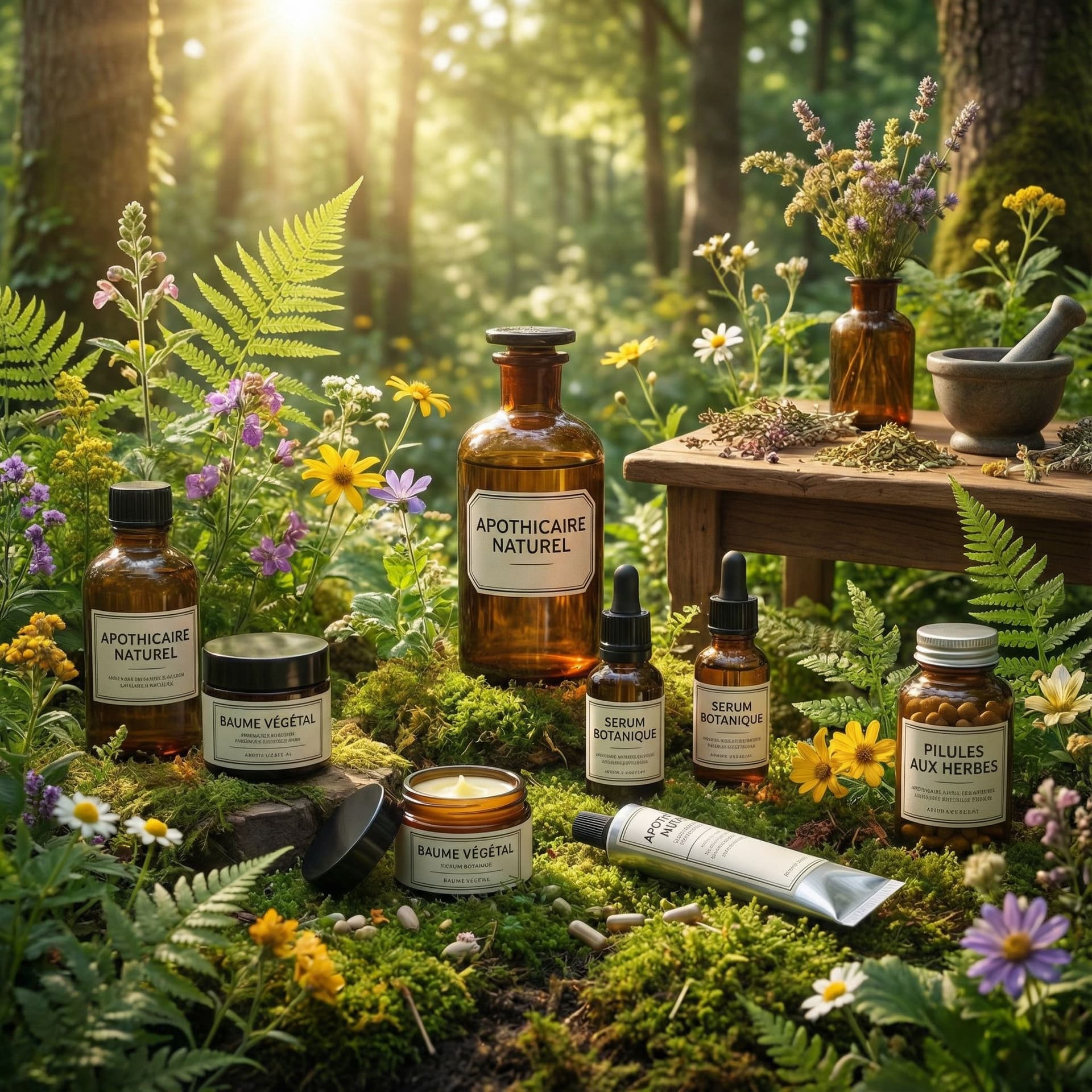 AI generated: medicaments et produits cosmetiques avec un arriere plant nature tous ça en 4k