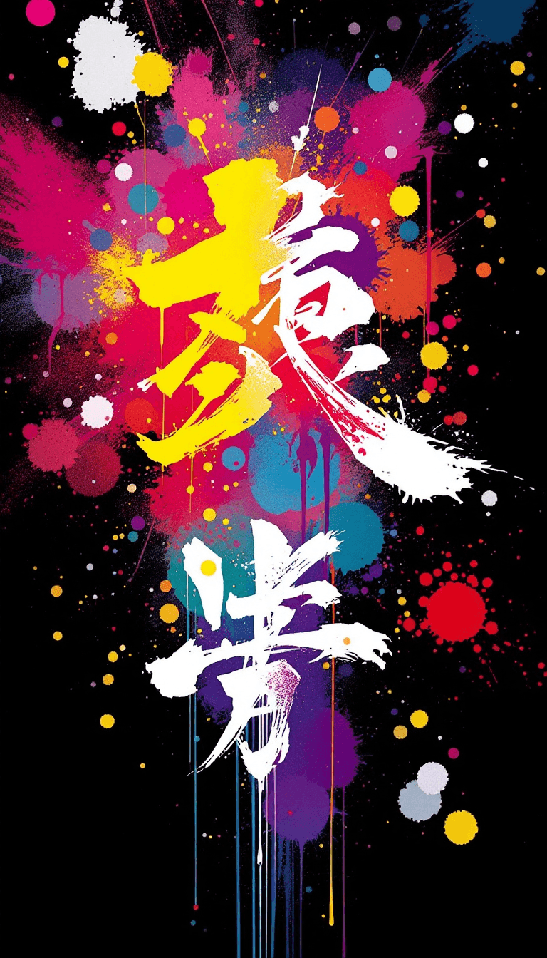 AI generated: Inktype japanese letters,kimonos,katanas,traditional elementi in vibrant colors Blended splatters on...