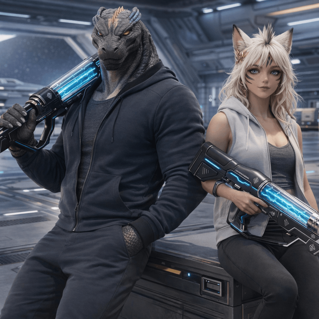 AI generated: Create an image where all the charactes are casually holding the reference weapons in a pose. Change...