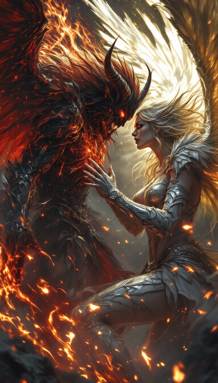 AI generated:  hell and heaven fight, demon male vs female angel war, fantasy game, in extrem epic fantasy armor w...
