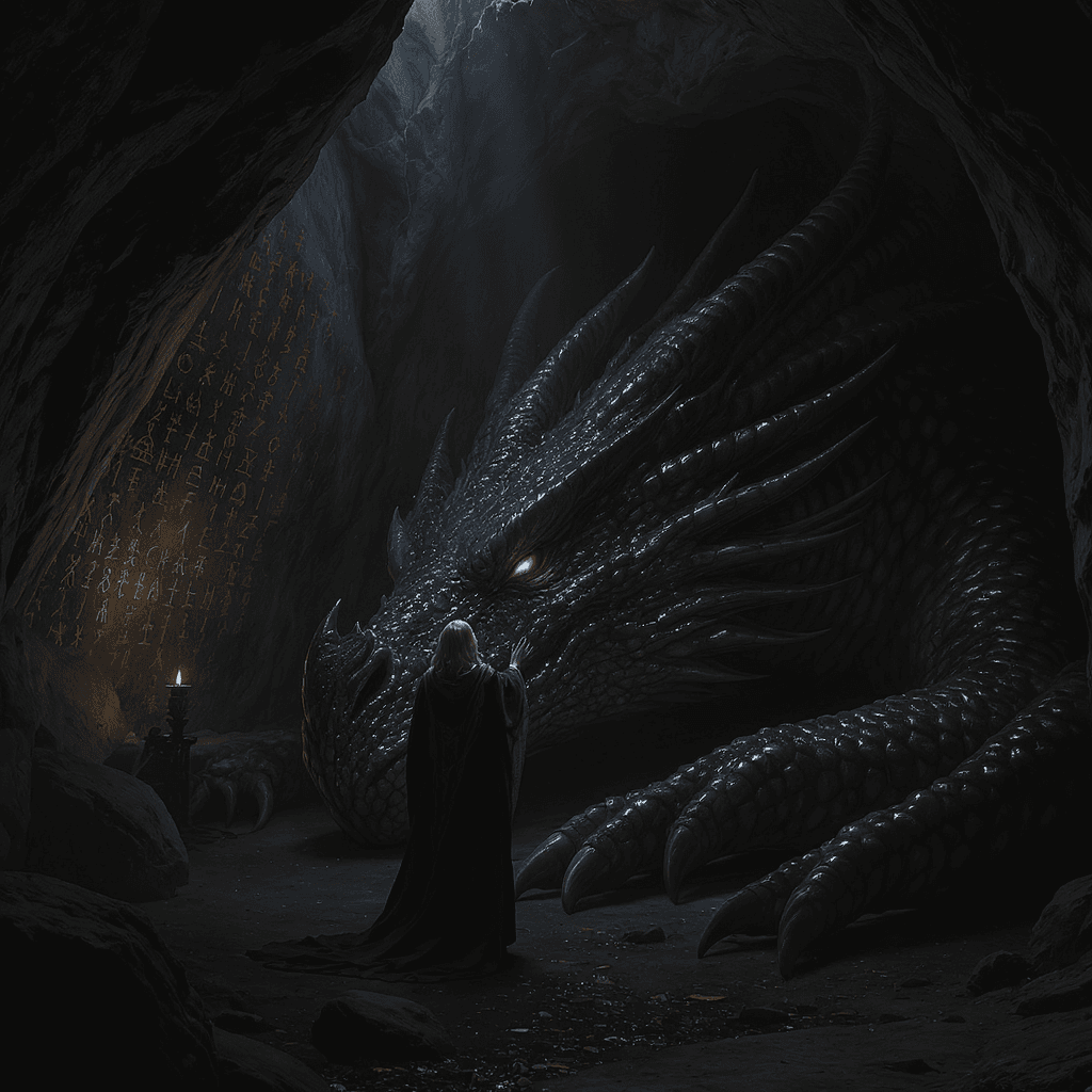 AI generated:  A figure, clad in old, magical attire, stands near the head of a colossal, sleeping dragon in a dar...