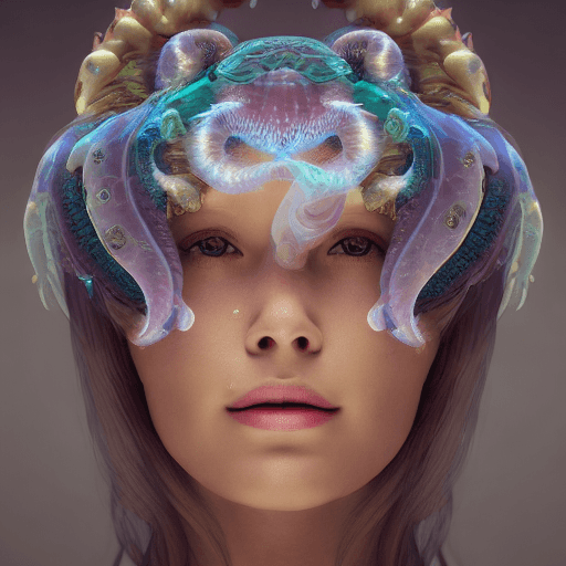 AI generated: Goddess close-up portrait ribcagel. jellyfish phoenix head, nautilus, orchid, skull, betta fish, bio...