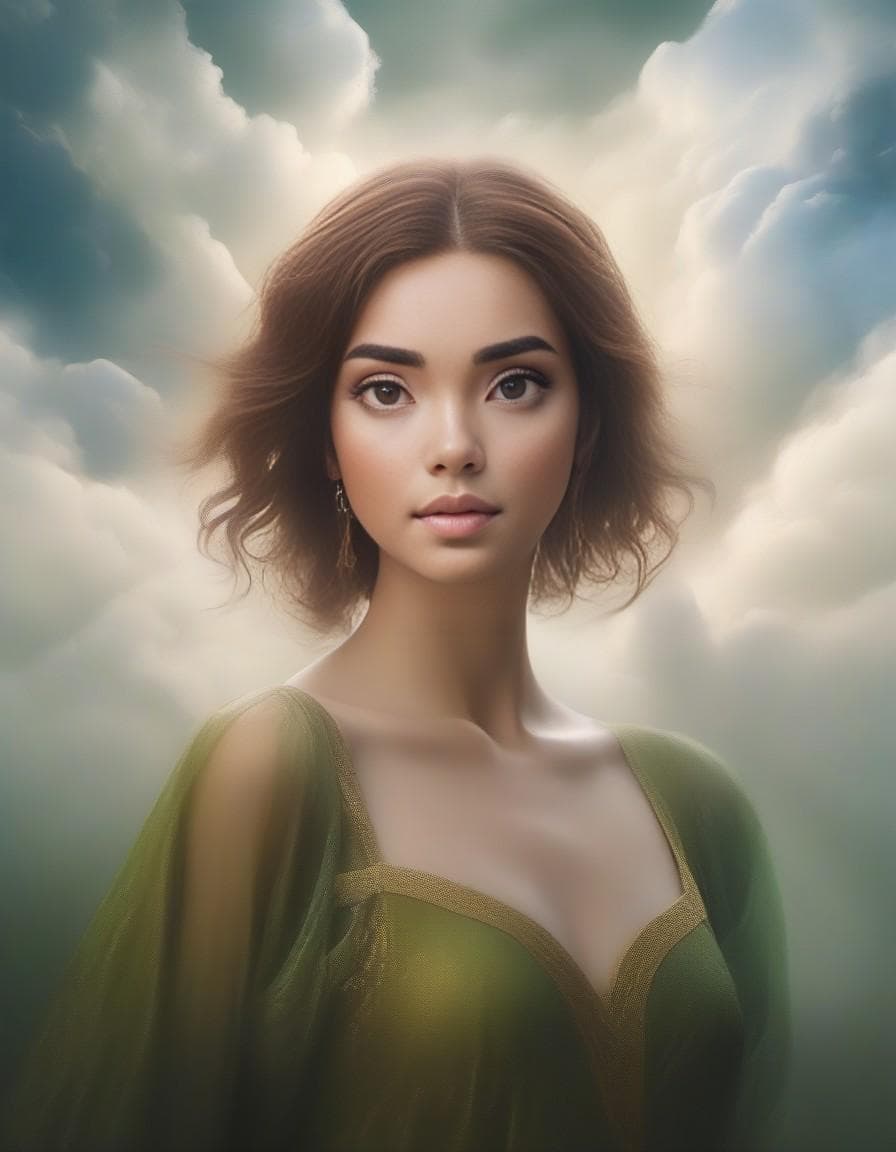 AI generated: fantasy girl, surealism, 4d render, olive clouds nymph, painting, magical realism, arabesque, high d...