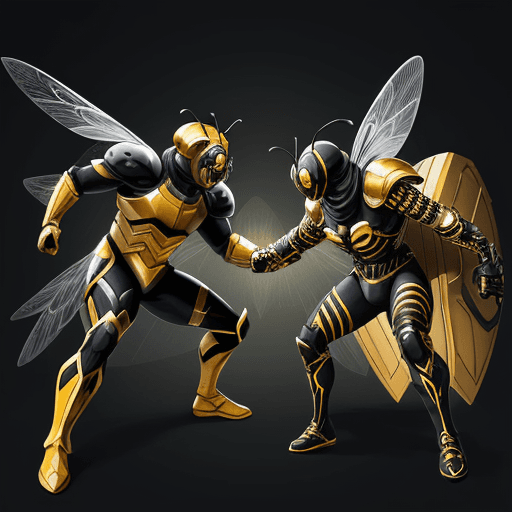 AI generated: illustration of a The battle between a bee-inspired superarmor features an aerodynamic and futuristi...