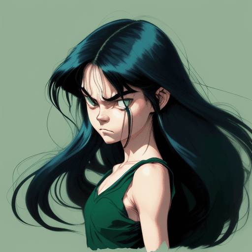 AI generated: a girl with long hair and big shoulders, with angry eyes, in the style of quirky manga art, bill wat...
