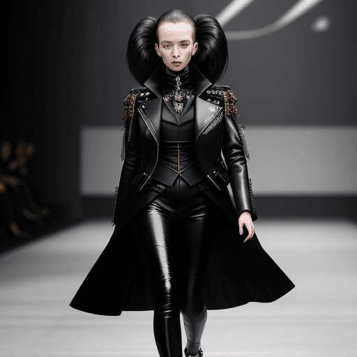 AI generated: a woman walking down a runway wearing a black coat, a photo, by Emma Andijewska, baroque, clippings ...