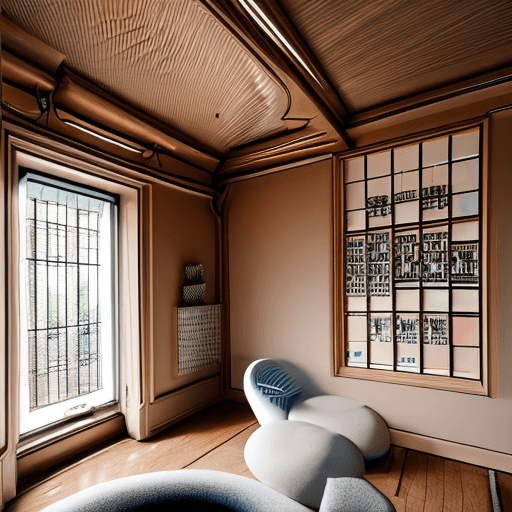 AI generated: High resolution photography interior design, dreamy sunken living room conversation pit, wooden floo...
