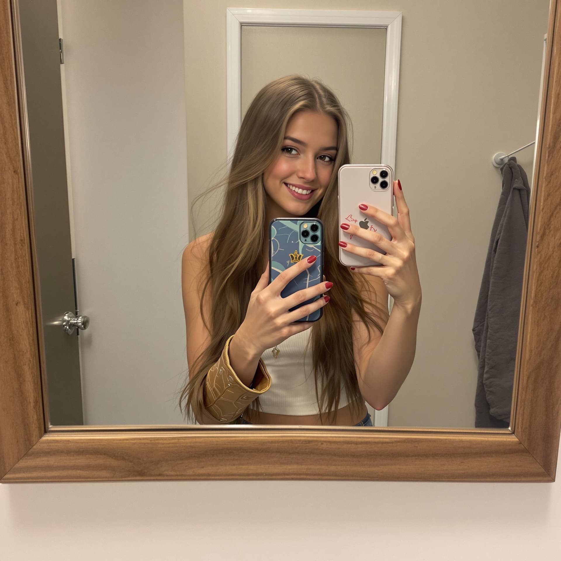 AI generated: the lovely blonde girl takes a photo with her phone of herself in the mirror, she has 16 years old, ...