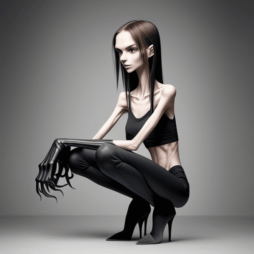 AI generated: squatting position of extreme skinny slender anorexic girl very skinny slender girl, with long curve...