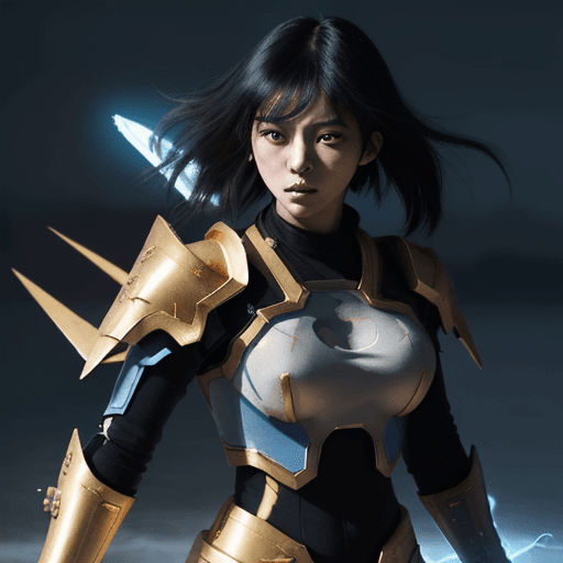 AI generated: Anime girl in urbanpunk style, flying with black hair trailing behind her, adorned with glowing gold...