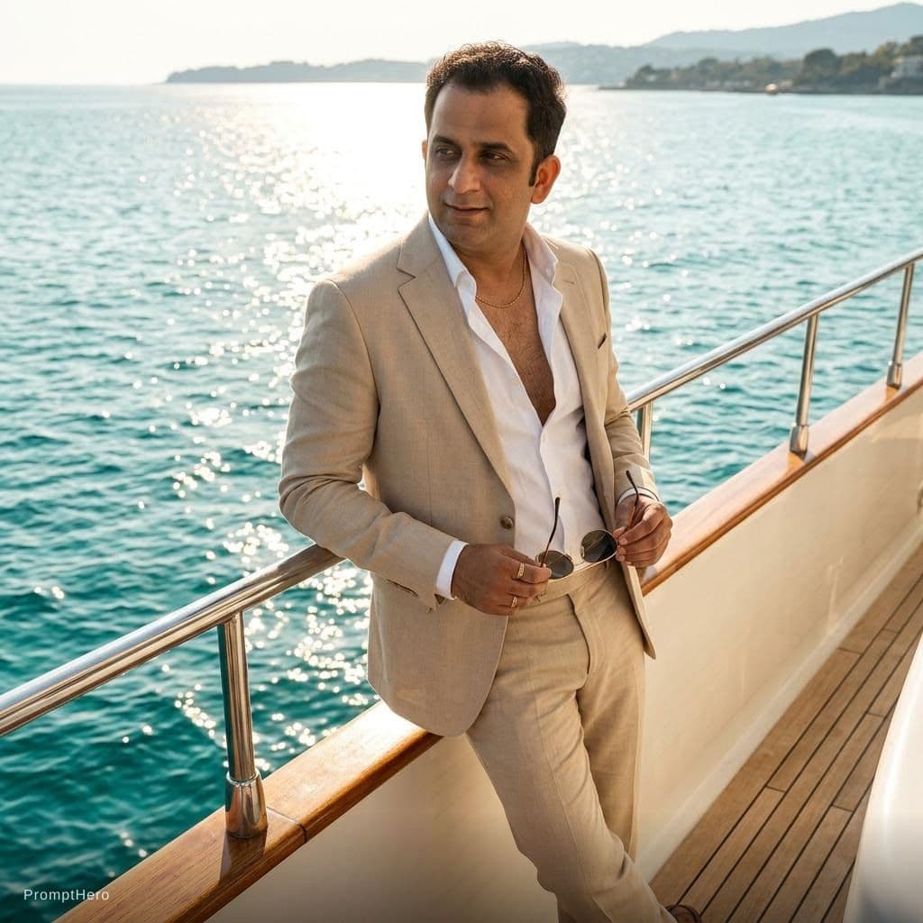 AI generated: Create a high-end fashion image of a male model wearing a tailored summer suit with an open shirt. P...