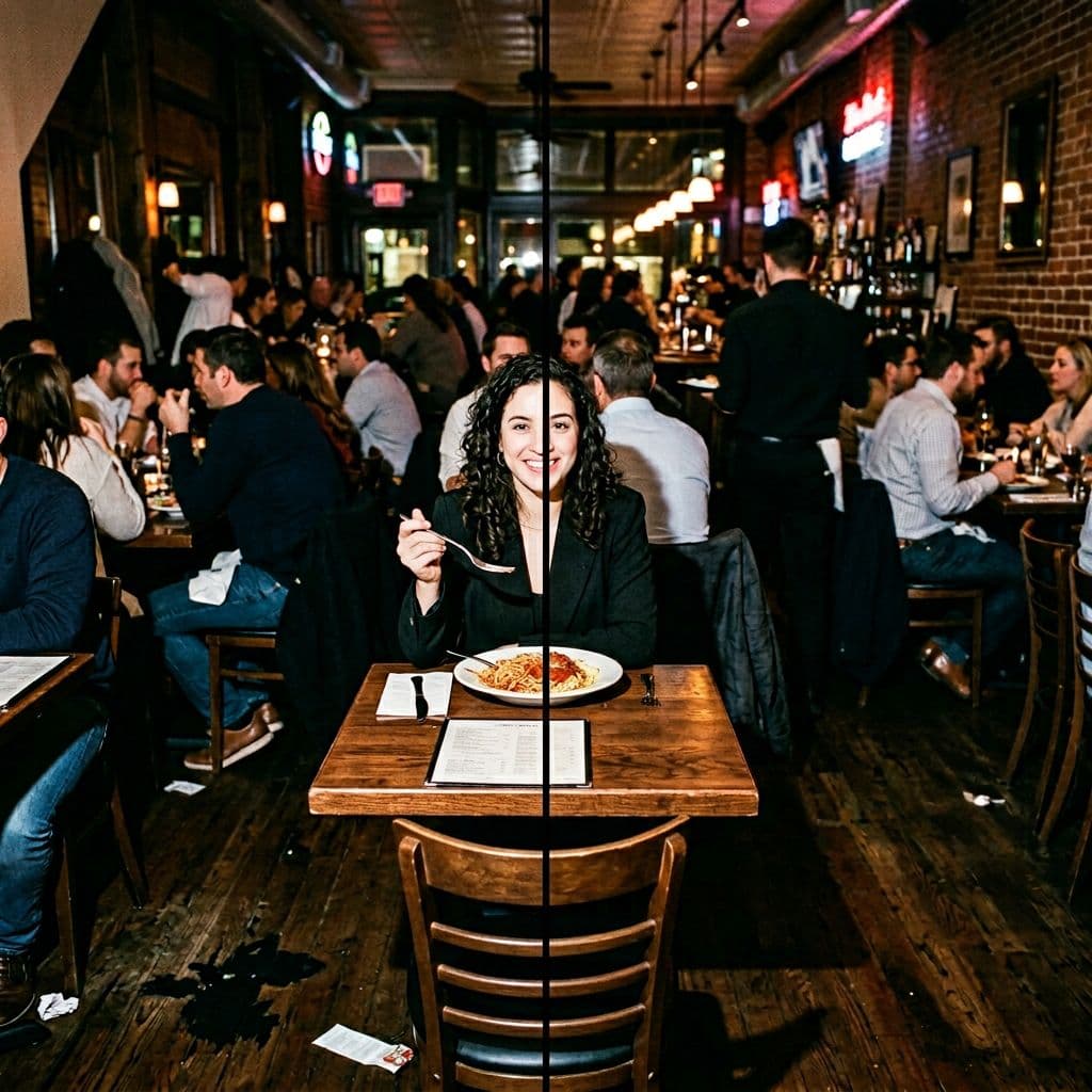 AI generated: restaurant interior with tables and chairs, photographed with harsh direct flash, urban nightlife re...