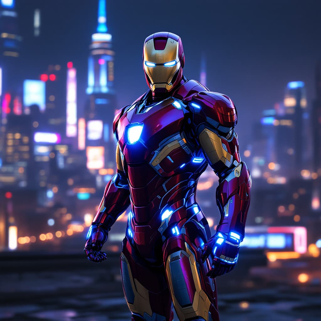 AI generated: A full-body Iron Man character in front of a futuristic cyberpunk-style city, at night, ultra-detail...