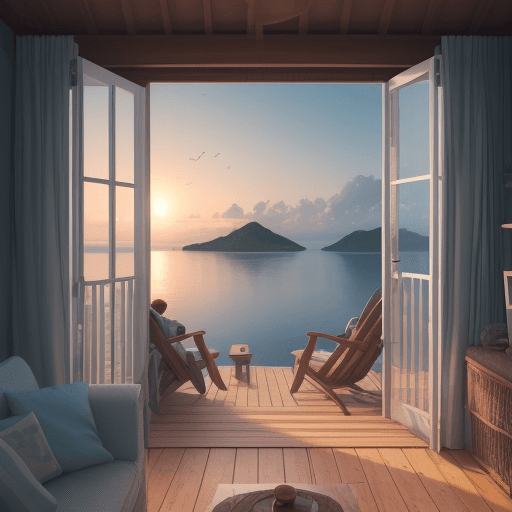 AI generated: create a picture where a person lives alone on the Island, show the person enjoying the view, the at...