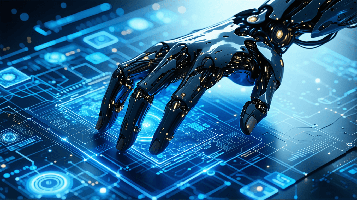 AI generated: A detailed cybernetic robotic hand with a sleek black-and-silver design, touching a glowing holograp...