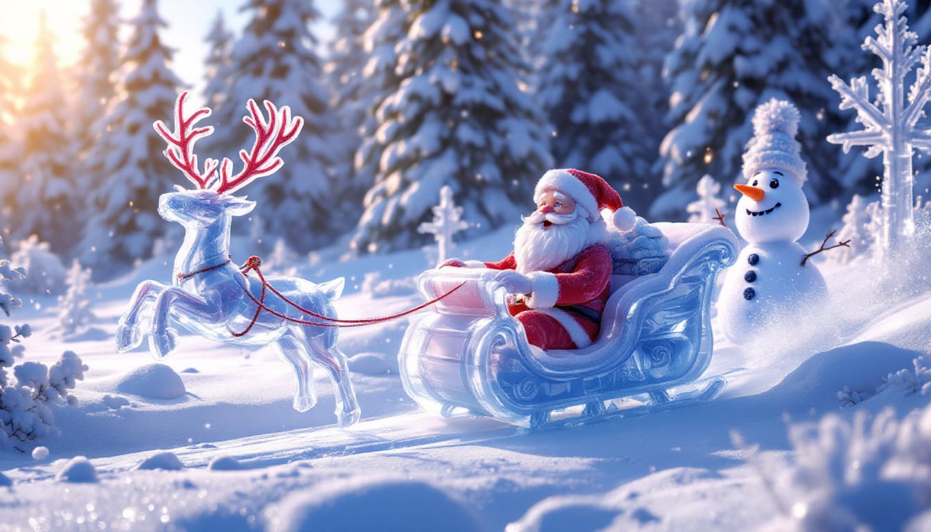 AI generated: 3D render of photorealistic image Disney Pixar style. Snowy forest of ice. Ice fairytale sculptures ...