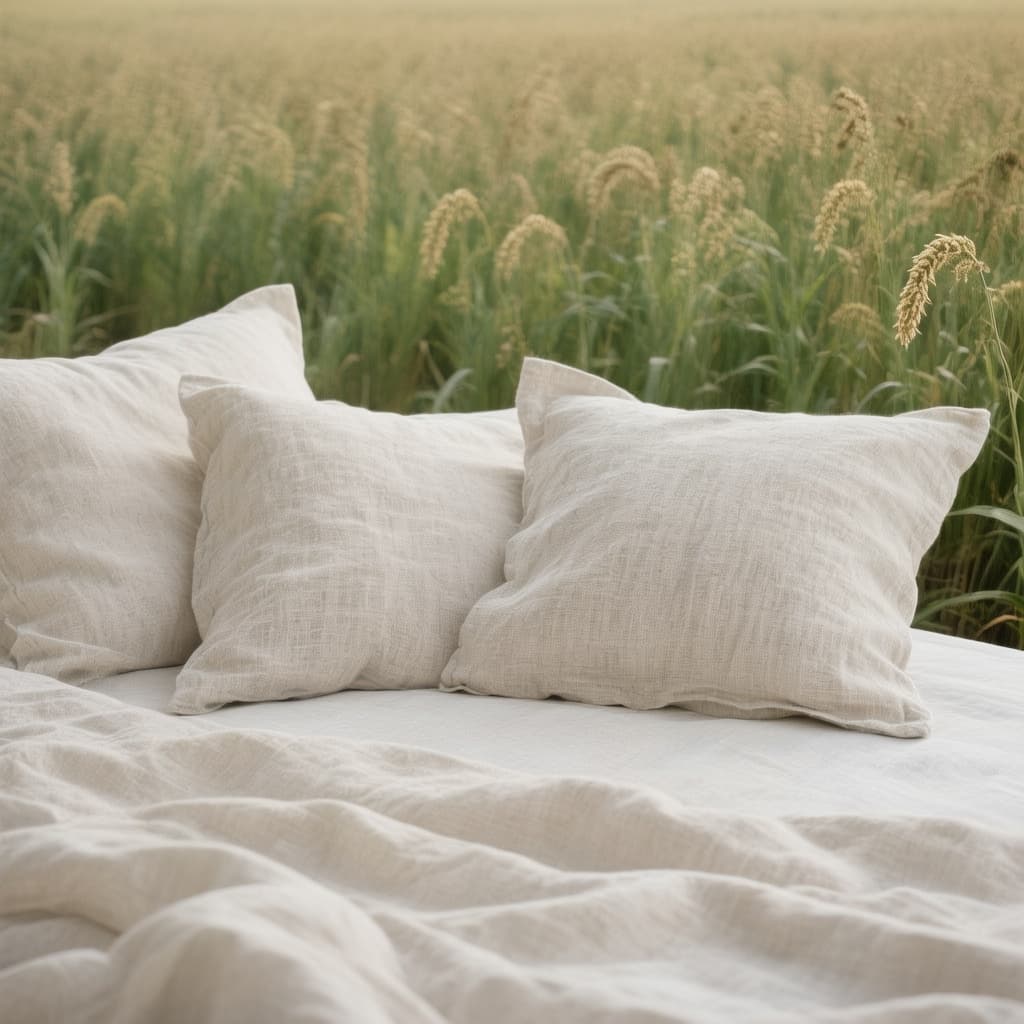 AI generated: Take a photo that clearly shows pure linen on a bed. Linen made of 100% cotton, undyed and unbleache...