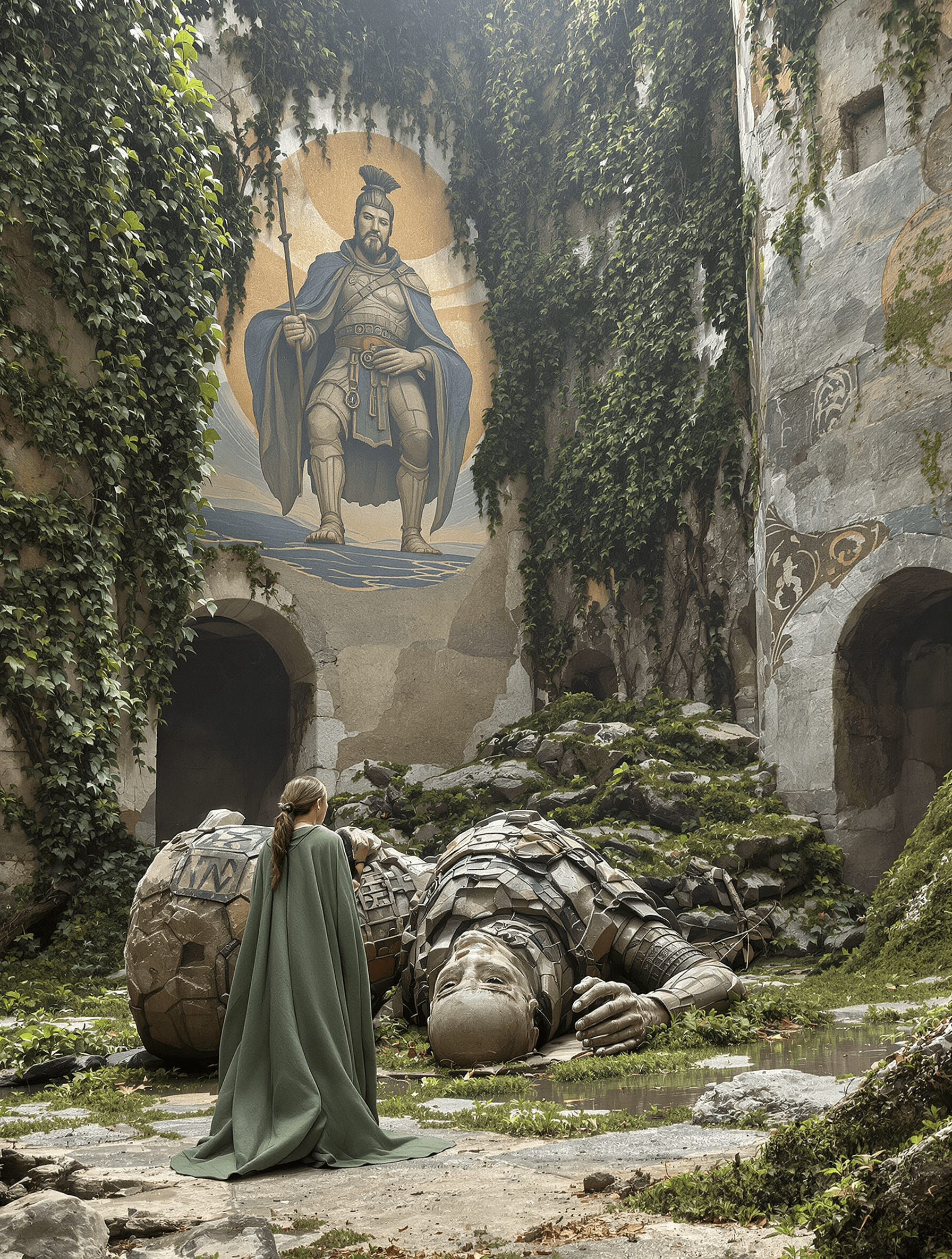 AI generated: In ancient times a 30 year old female warrior, hair tied back loosely, wearing her green cloak over ...