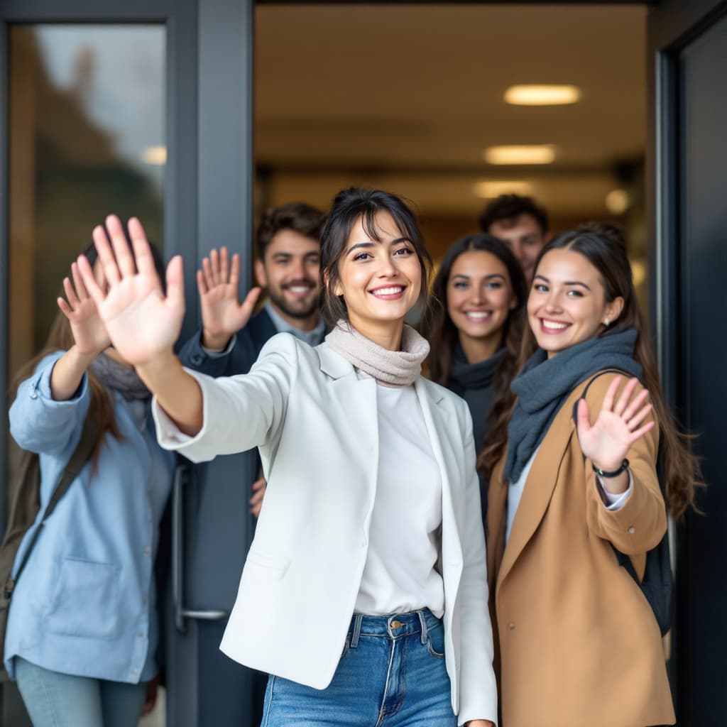 AI generated: Group of teachers waving at the door of a high school smiling