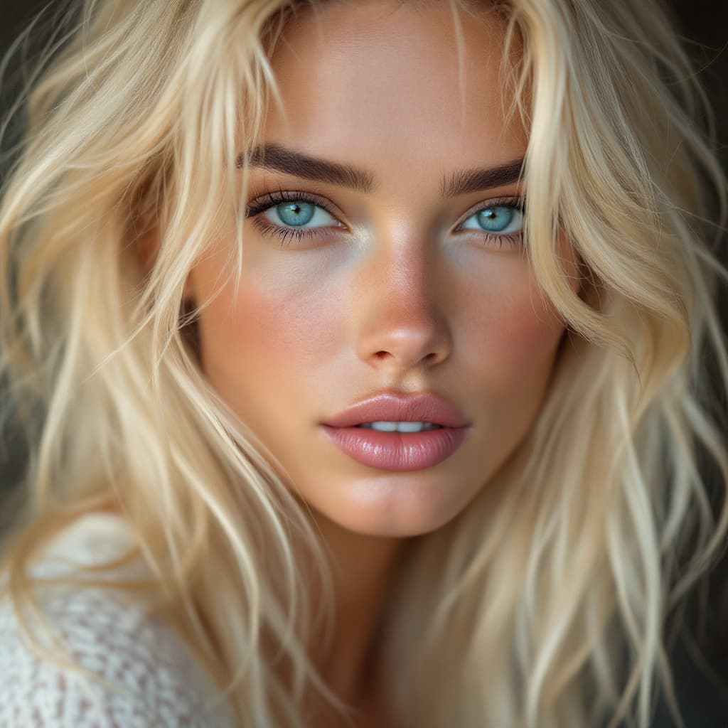 AI generated: a hyper-realistic portrait of a beautiful supermodel bombshell, no makeup, natural beauty, with  ble...