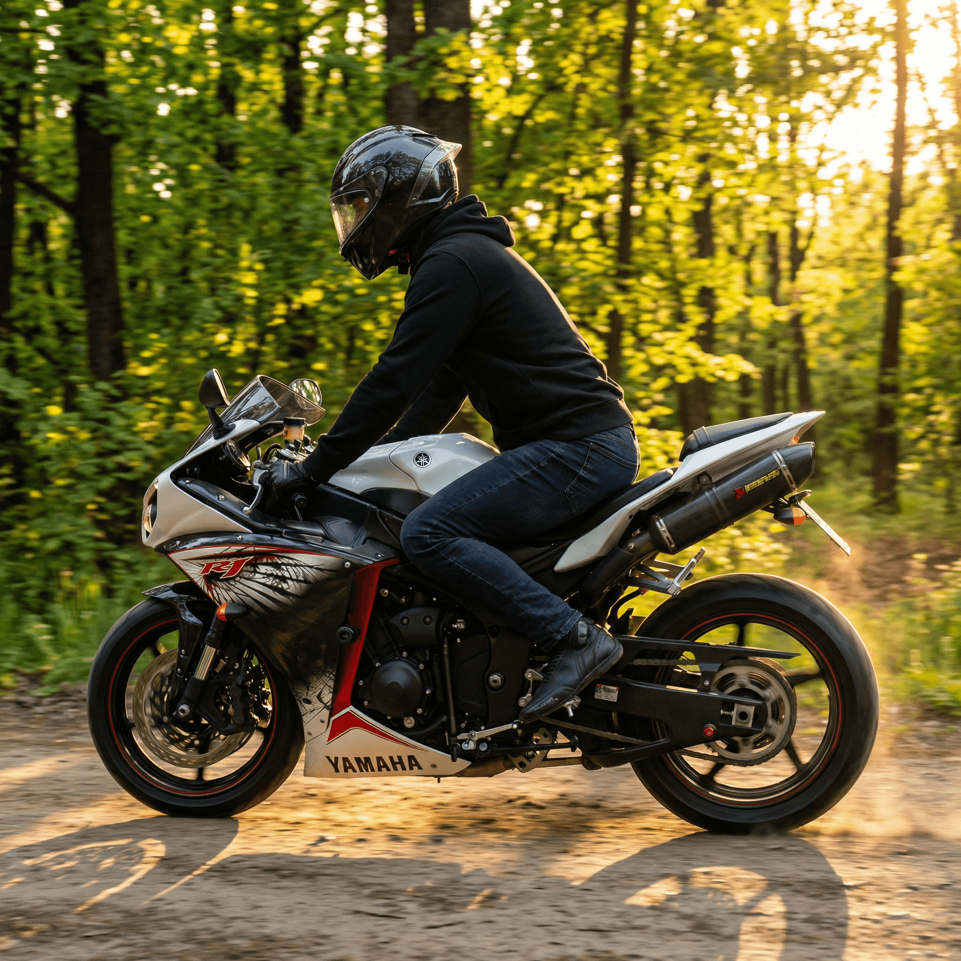 AI generated: A rider in a sleek black hoodie and jeans leans back on a sporty bike, helmet securely fastened. The...
