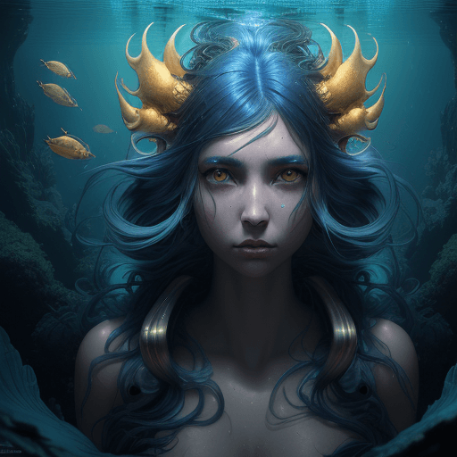 AI generated: anthropomorphic fem incredible creature from the Mariana Trench, ultramarine hair and gold eyes, ult...