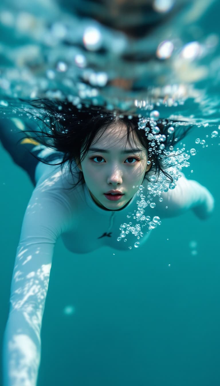 AI generated: High resolution image. A Korean woman submerge into the ocean wearing a white freediving suit.