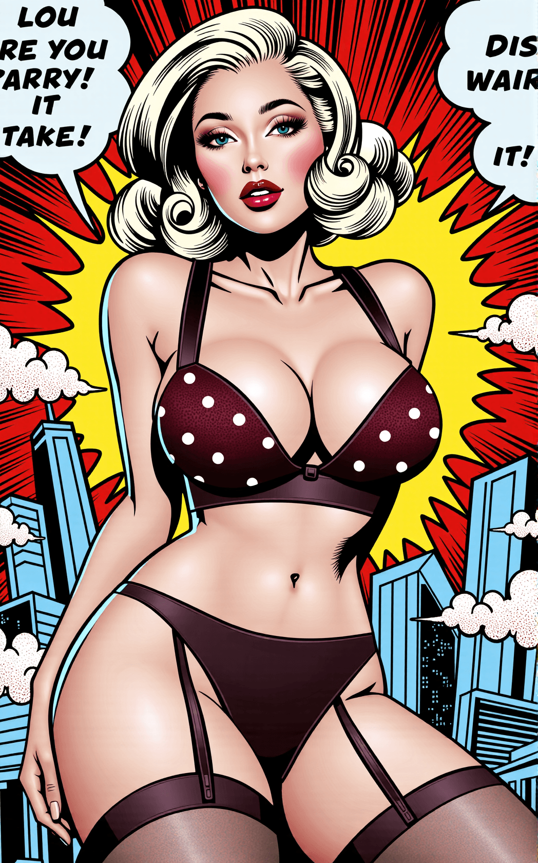 AI generated: A vivid pop art comic panel bursts with punchy Ben-Day dots and electric primary colors. At the cent...