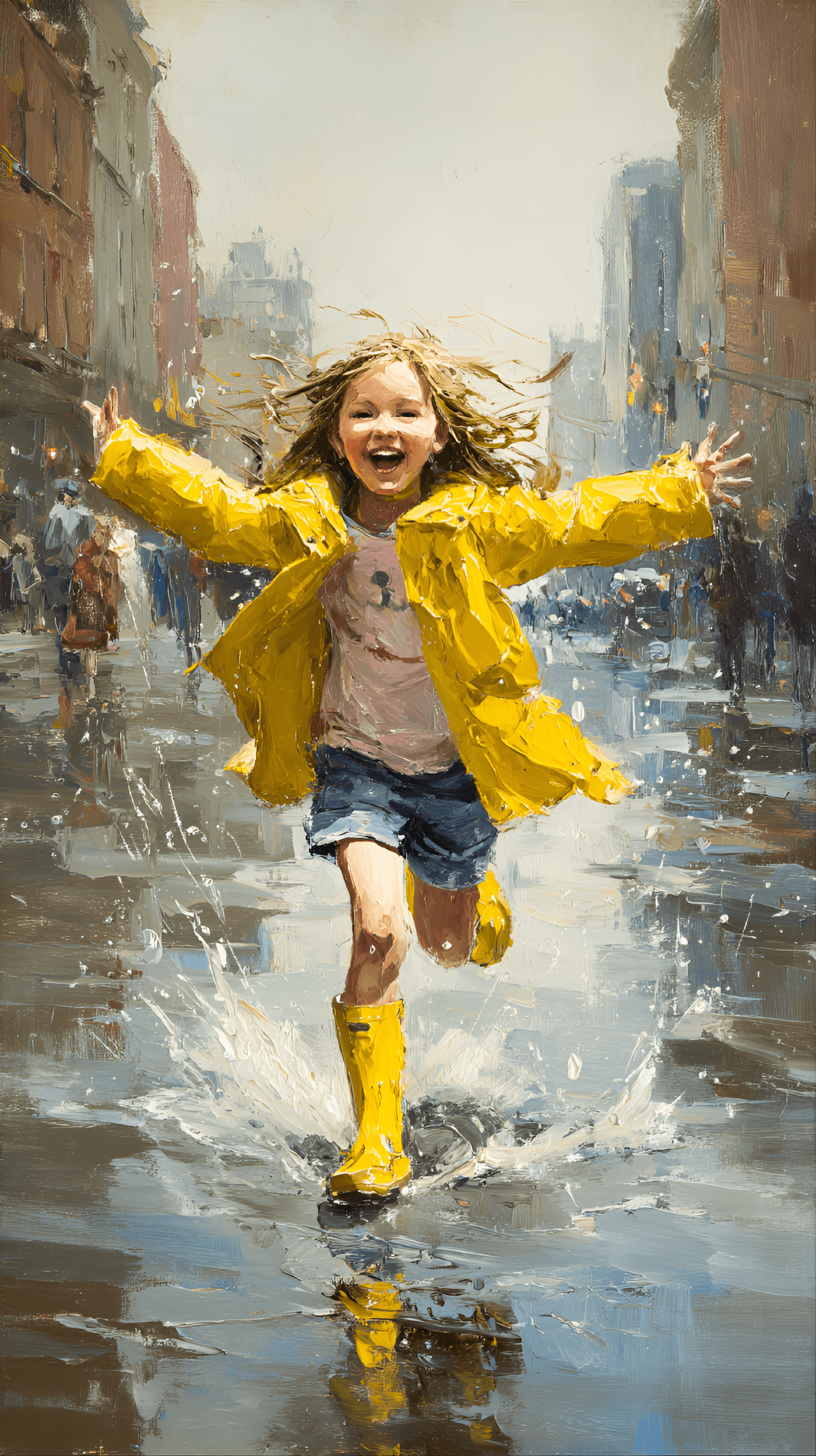 AI generated: young girl, likely 4-6 years old, of light complexion, is joyfully leaping in puddles on a city stre...
