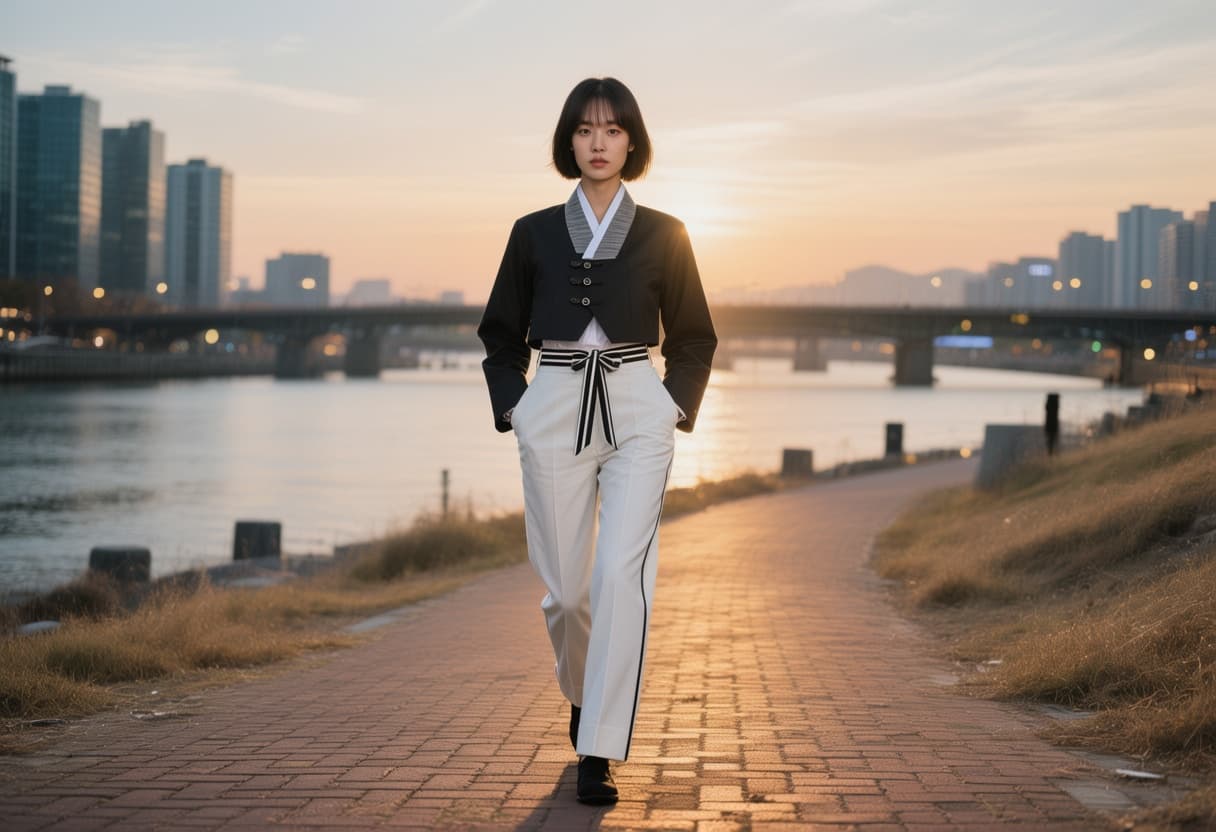 AI generated: ultra-realistic view photo of a Korean female model in 2026 Seoul Korea. Long shadows at the sunset ...