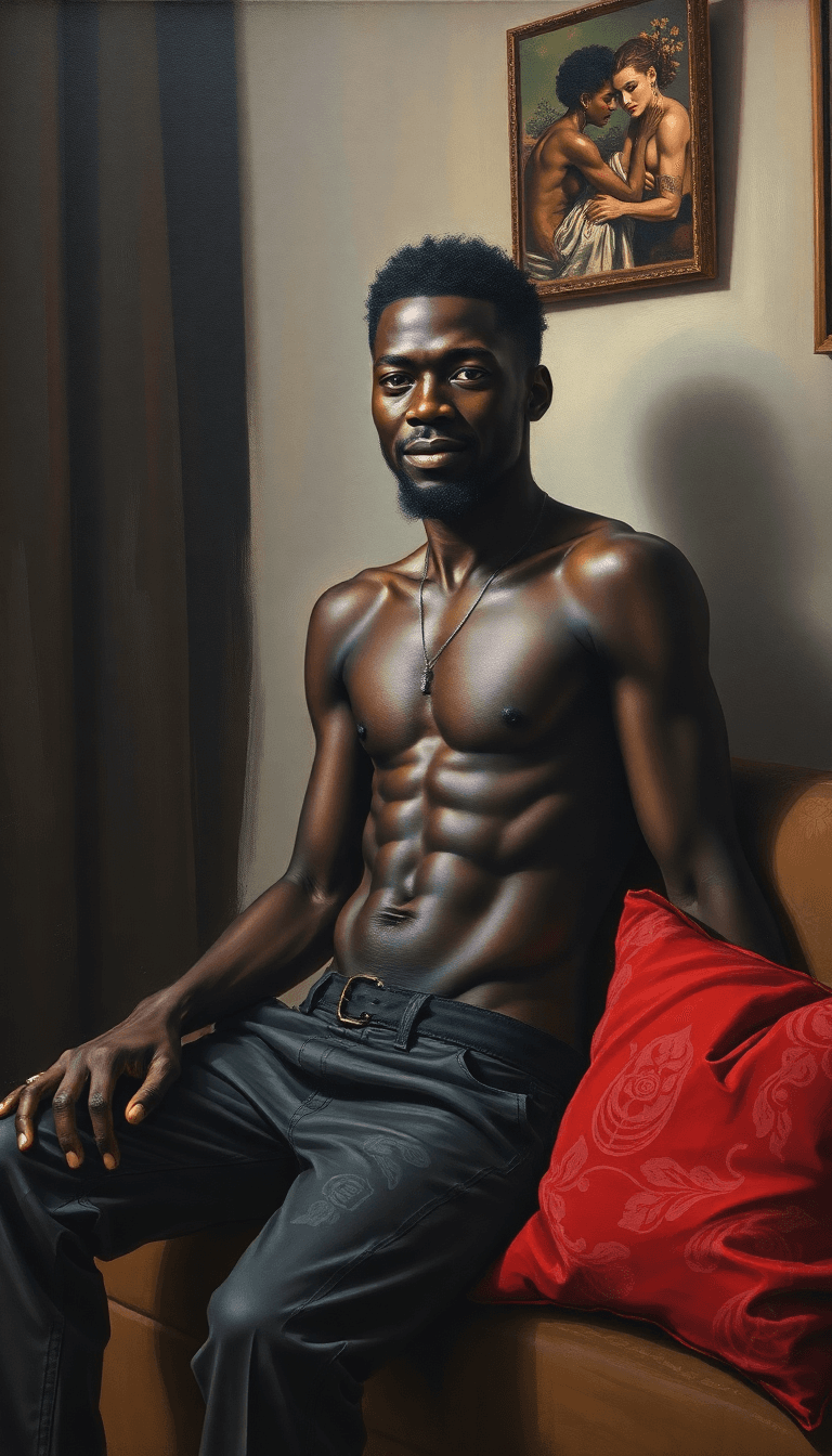 AI generated: a-breathtaking-oil-painting--fashionable-homeless-black-man-home-interior-setting-anatomically-corr-...