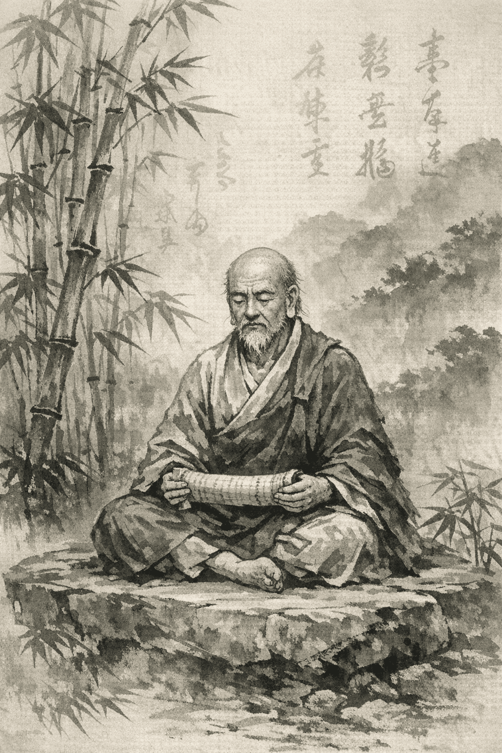AI generated: Prompt: A full-body ink wash painting in the style of Tenshō Shūbun. An ancient wise Oshō sits cross...