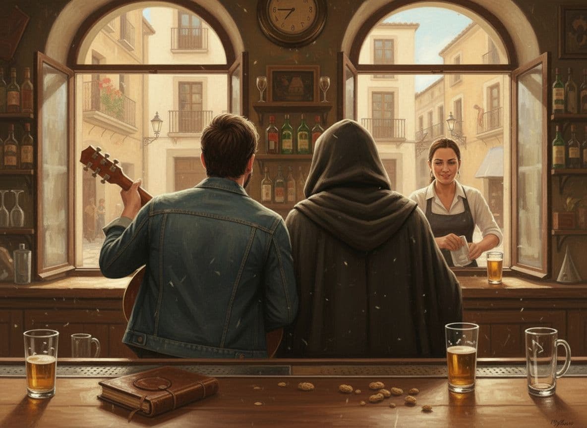 AI generated: "Reverse viewpoint of the same scene: camera positioned behind the two people at the bar, showing th...