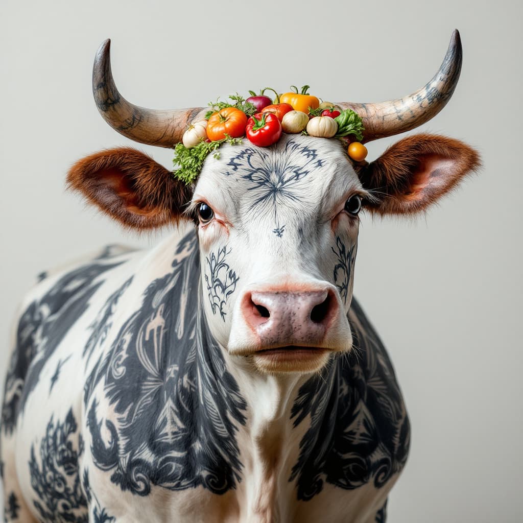 AI generated: photography close up, studio portrait of a shaved cow, tattooed veggies , highly detailed, crisp ima...