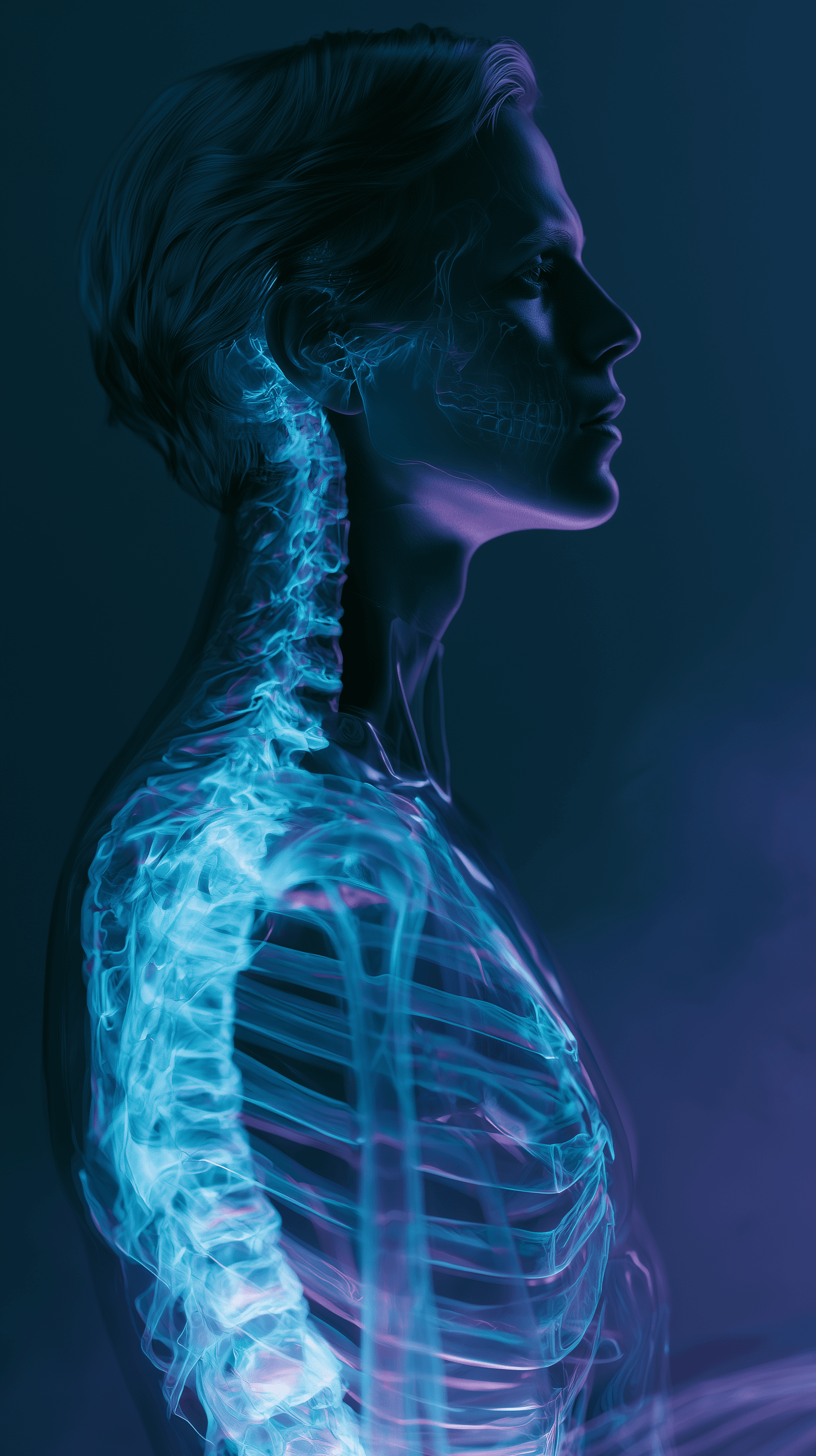 AI generated: futuristic, surrealism, side portrait, man, transparent skin revealing his skull, glowing with a neo...