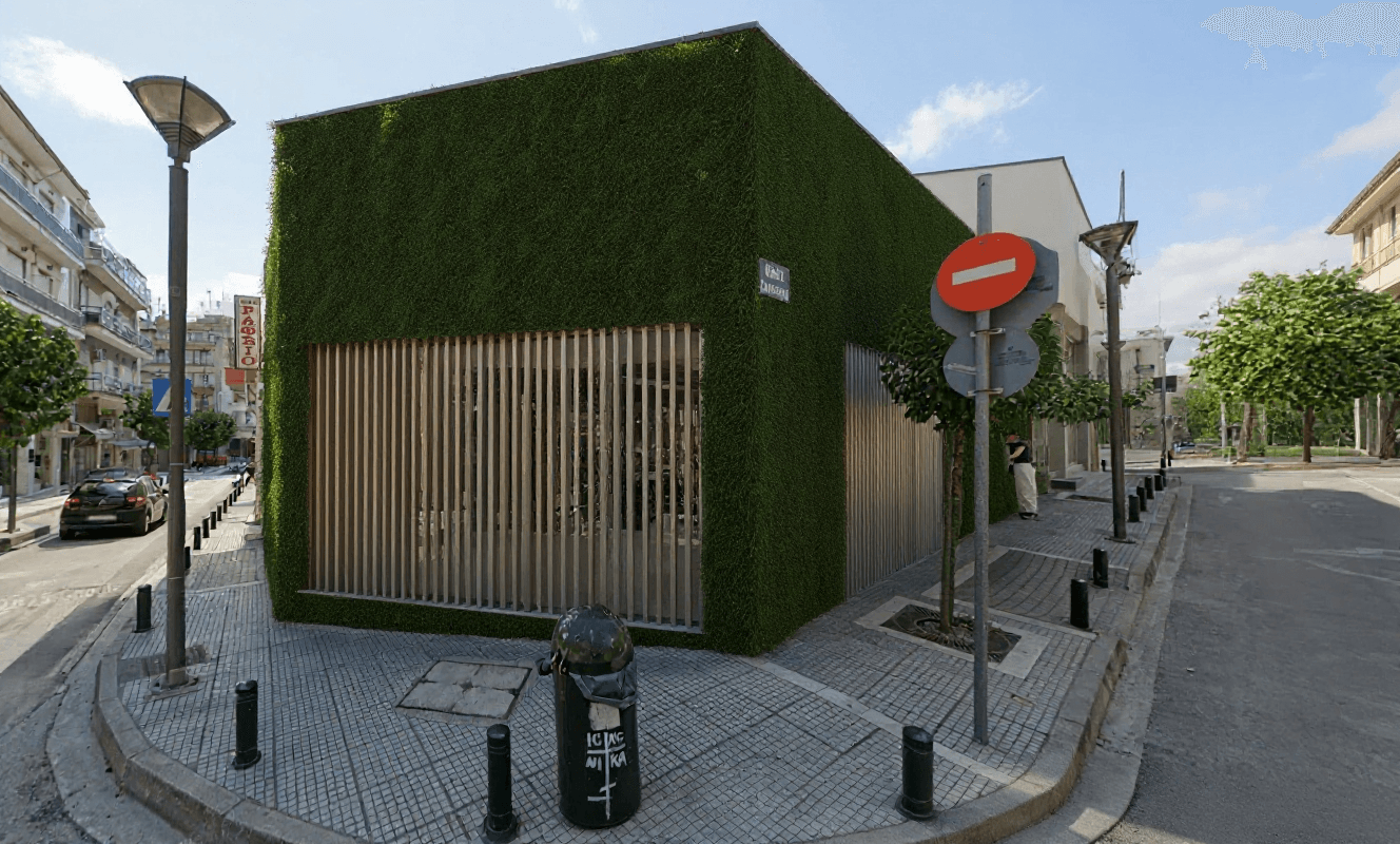 AI generated: Only replace the wooden vertical panels with thin metal with greenery