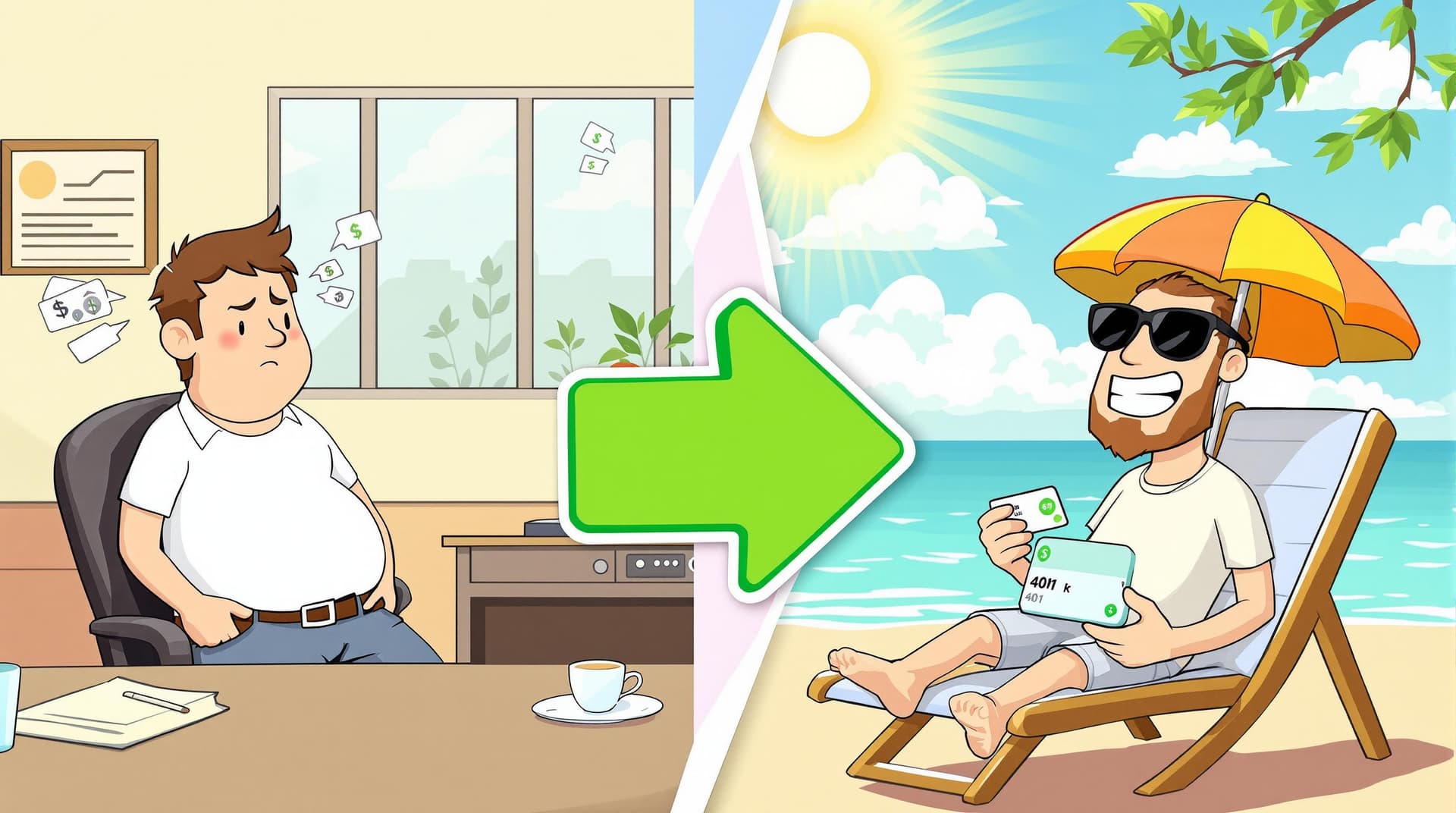 AI generated: Split image in animated cartoon funny style: left side shows a stressed-out man with empty pockets s...