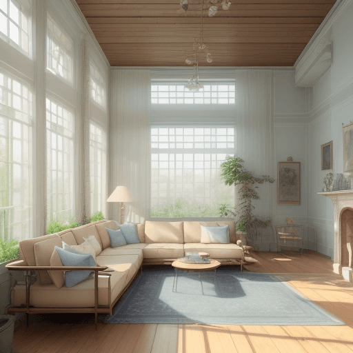 AI generated: A handsome boy, dreamy sunken living room conversation pit, wooden floor, small windows opening onto...