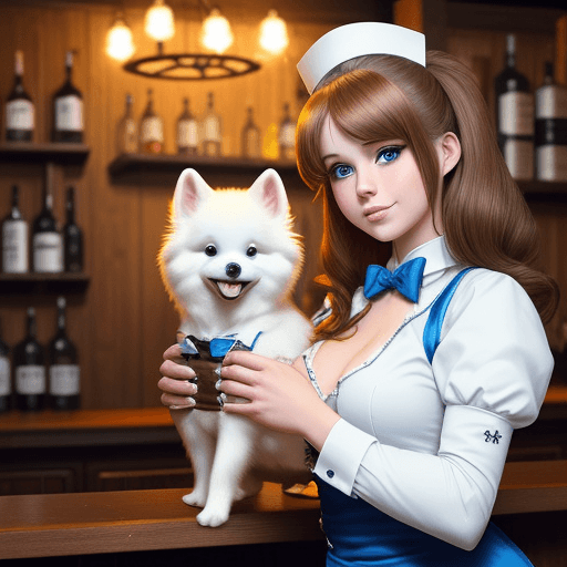 AI generated: An of a white pomeranian dog working as a bartender, bar, bartender outfit, 25 years old, bar, bottl...